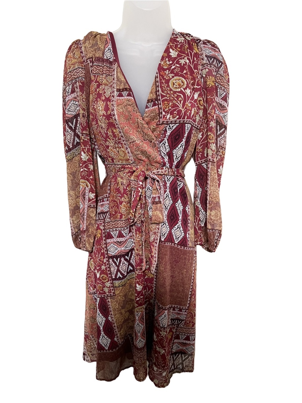 Leslie Faye 16 Patchwork Wrap Dress Retro Vintage Boho Romantic Shimmer